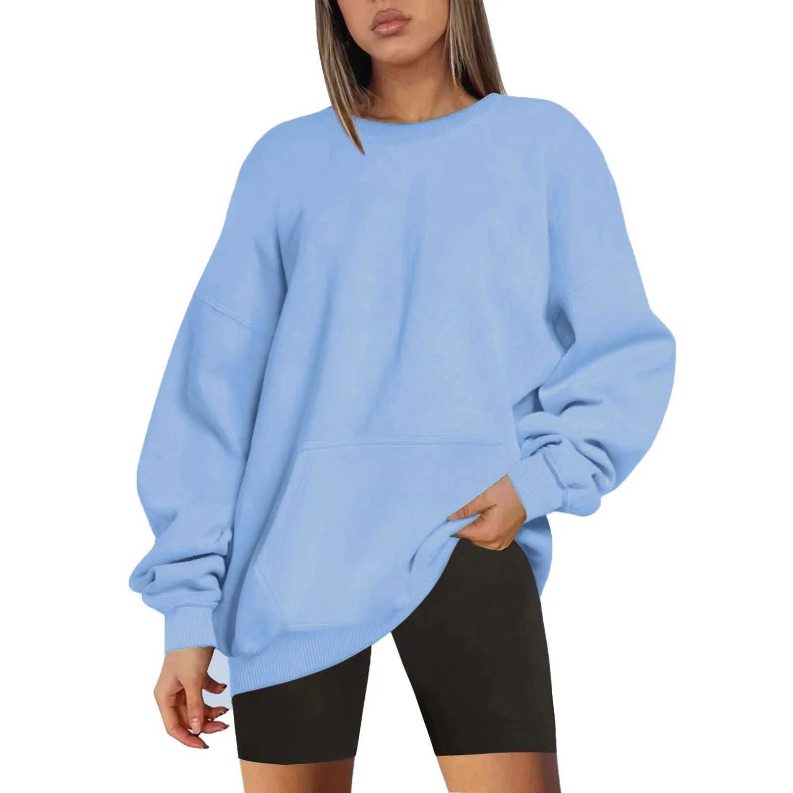 WomenS Solid Color Round Neck Oversized Sweatshirt Loose Fit Long Sleeve Light Sweatshirt Loose Blouse Blank Sweatshirts WomenX241016