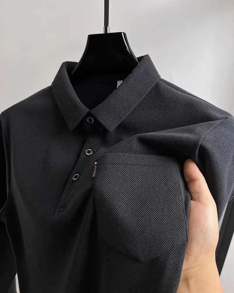 Light high-end brushed long sleeve T-shirt mens autumn fashion pocket thickened shirt collar polo shirt 241017