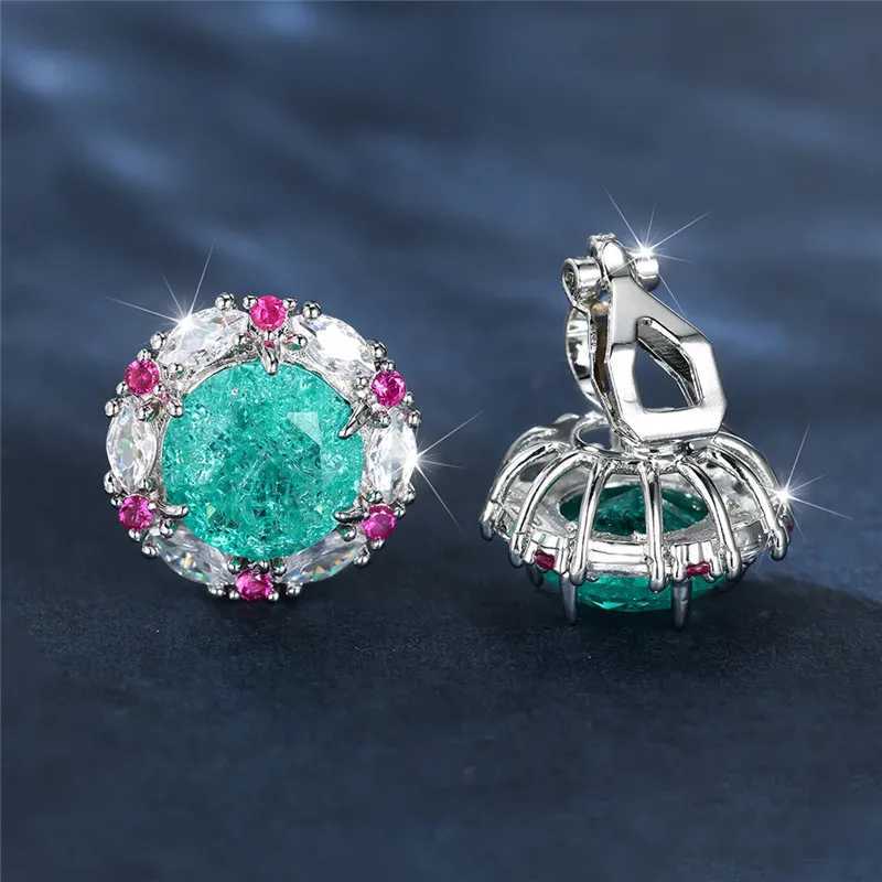 Green Ice Flower Zircon Clip Earrings Luxury Rose Red Crystal Round Stone Earrings Womens Classic Silver Wedding Jewelry W241017