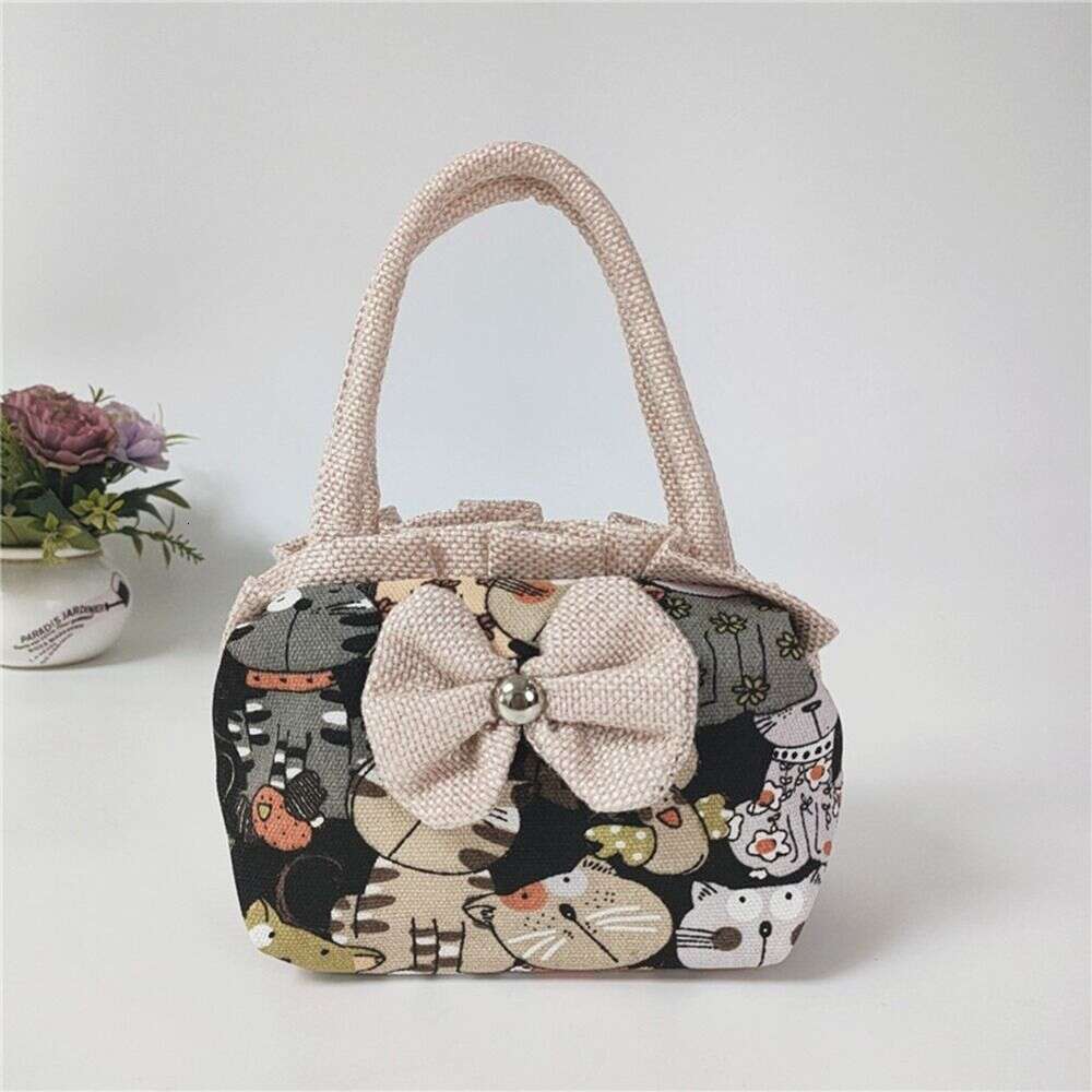 Women Bow Mini Handbag Cotton Canvas Large Capacity Underarm Shopping Tote Phone Purse Handle Bag