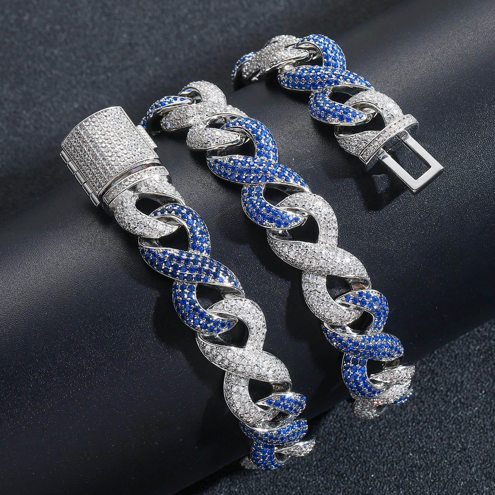 15mm 8 Shape Infinite Chain Cuban Chain 18K Real Gold Plated Blue Zircon Jewelry