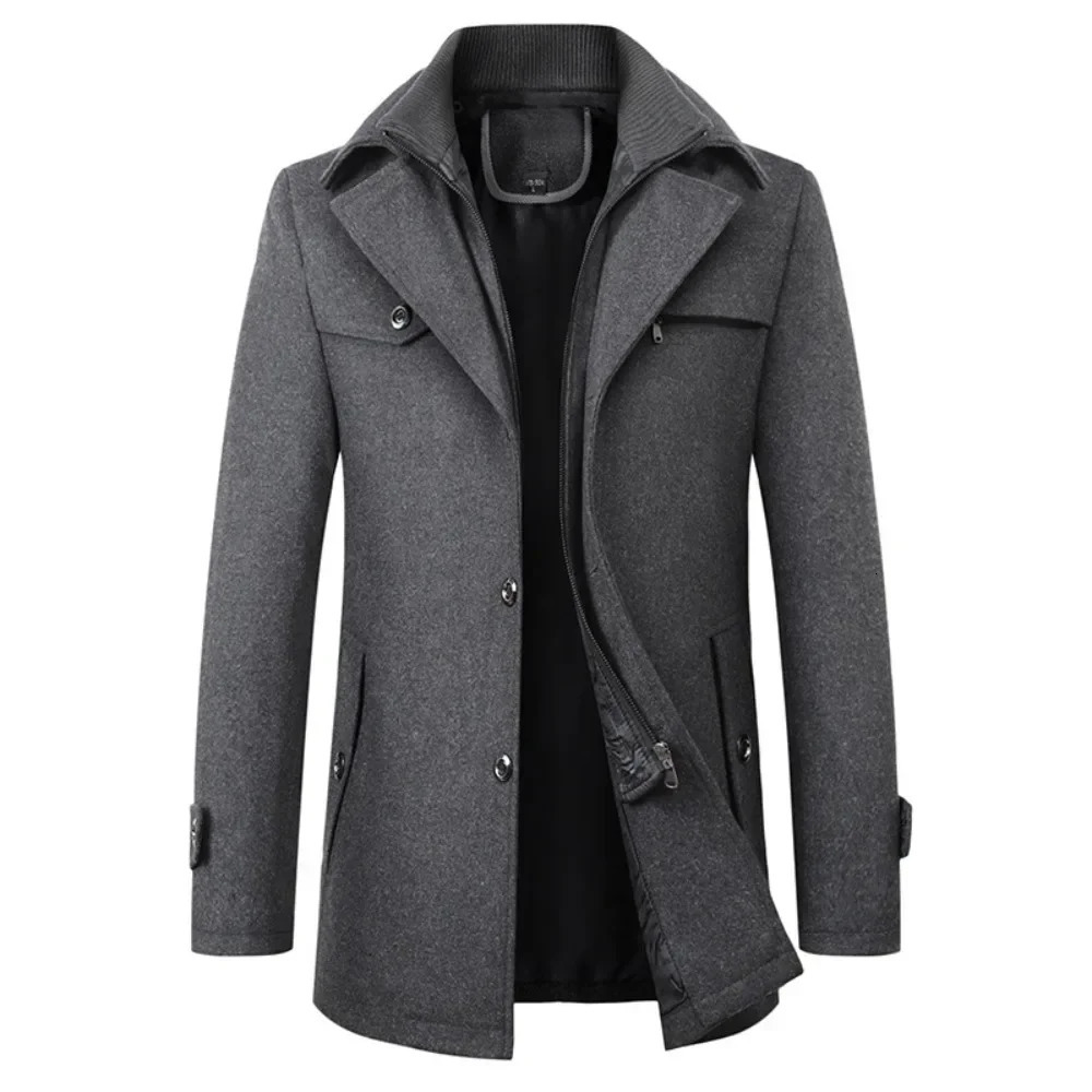 Mens Pea Coat AutumnWinter Collection Wool Double Collar Trench 241007