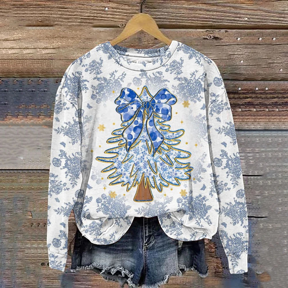 Christmas Womens Hoodie Round Neck Long Sleeved Sweatshirts Tree Printed Clothing Fashion Party Autumn Winter 241017