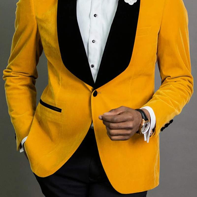 Yellow Velvet Wedding Tuxedo with Black Pants 2 Pieces Slim Fit Men Suits For Prom African Male Smoking Fashion Blazer
