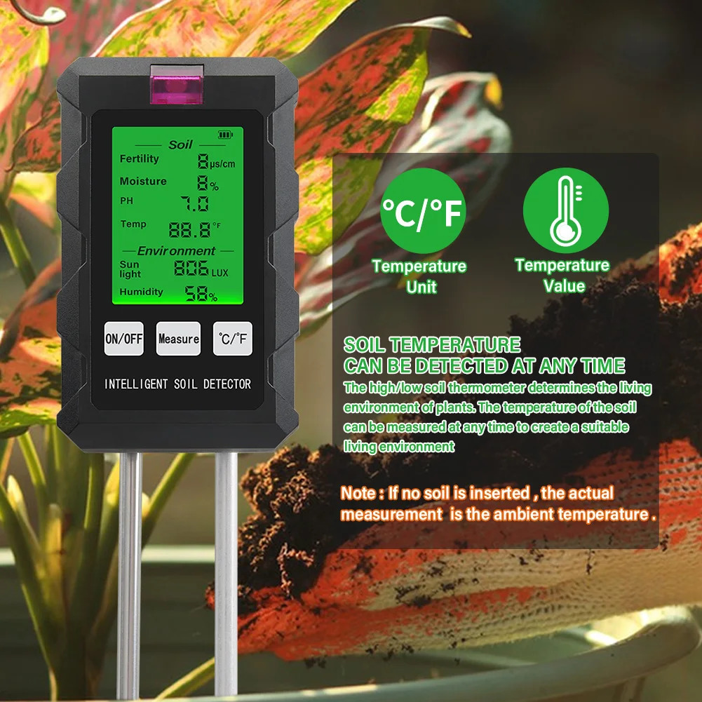Digital 6-in-1 Soil PH Meter Soil Fertility Soil Moisture Sunlight Environment Humidity Temperature Tester Monitoring Instrument Garden Soli Analyzer 