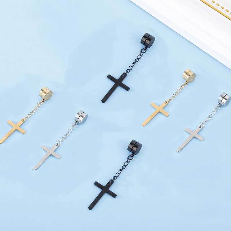 Punk Mens Powerful Magnet Cross Earnail Set with Non Perforated Fake Earnails for Boyfriend and Lover Jewelry W241017