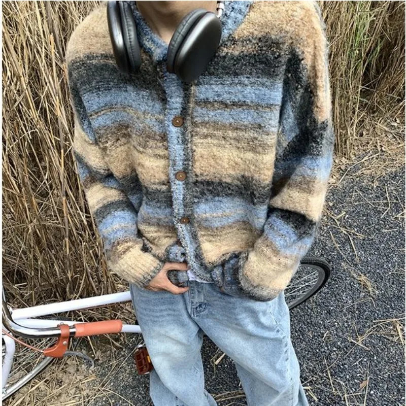 Colorful Cardigan Men Loose O-neck Knitted Single-breasted Sweater Coat Male Arrival Fashion Contrast Color Y2K Couple Top 241017