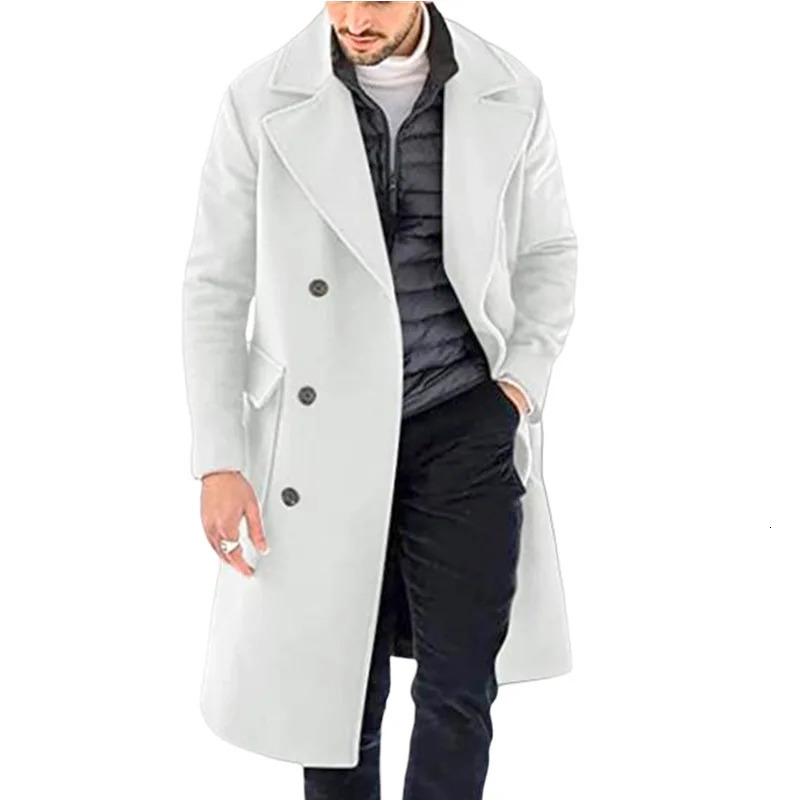 Male Solid White Khaki Black England Style Woolen Pocket Overcoat Men Thick Long Coat Casual Winter Fashion Business Warm Jacket 241017