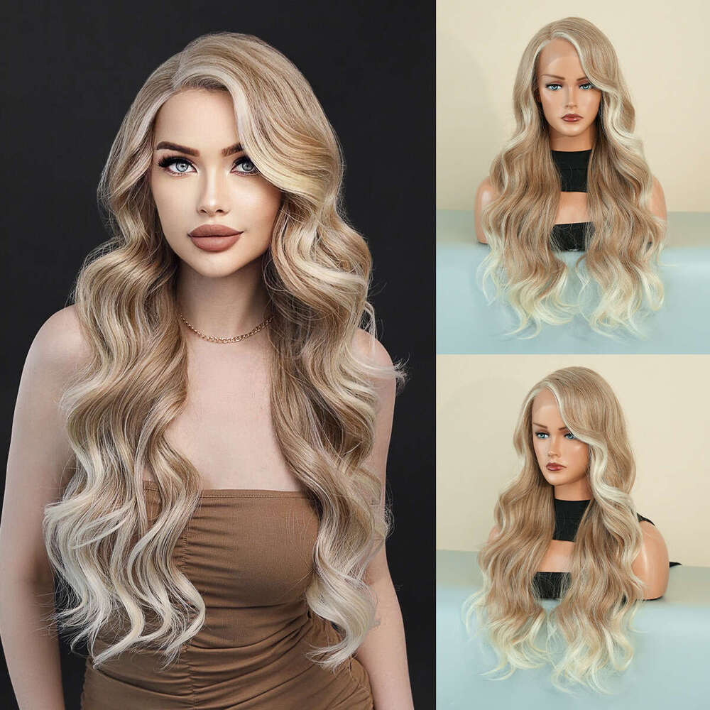 T Women's Wig Side With Brown Gradient Waves, Long Rolled Synthetic Lace Wig, Full Top