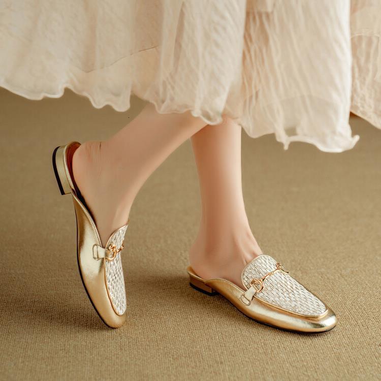 Summer Outwear Chinese Style Gold Silver Thick Low Heel Baotou Women S Half Full Leather Cool Tuo Large KMJL ddmythur ddmythur