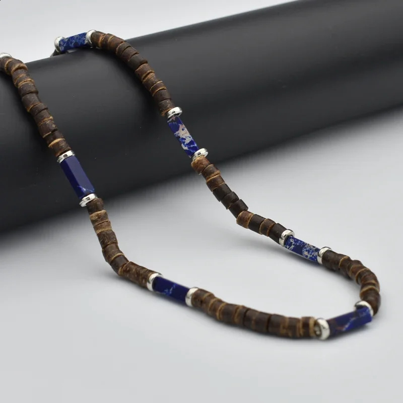 Retro pastoral style bead necklace mens natural coconut shell blue-green stone surfing necklace mens tribal jewelry gift 241017