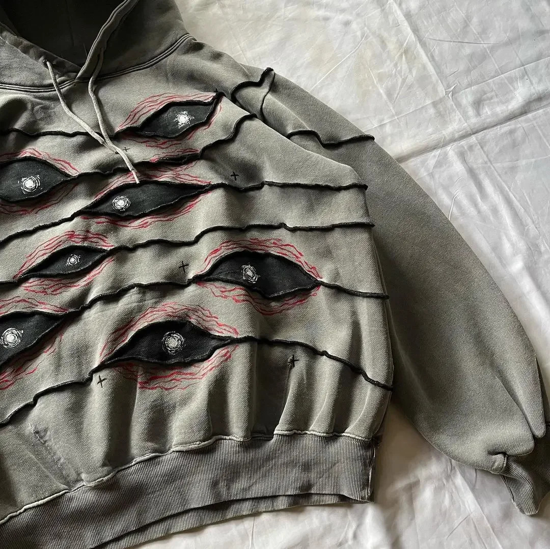 Street clothing hoodie Y2K hiphop retro tear eye patch work oversized sportswear mens rock latte 241010