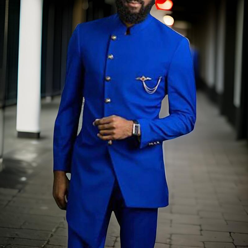 Formal Men Suits Slim Fit with Mandarin Stand Collar Royal Blue Wedding Tuxedos 2 Pieces Jacket Pants Male Fashion Groomsmen Wear