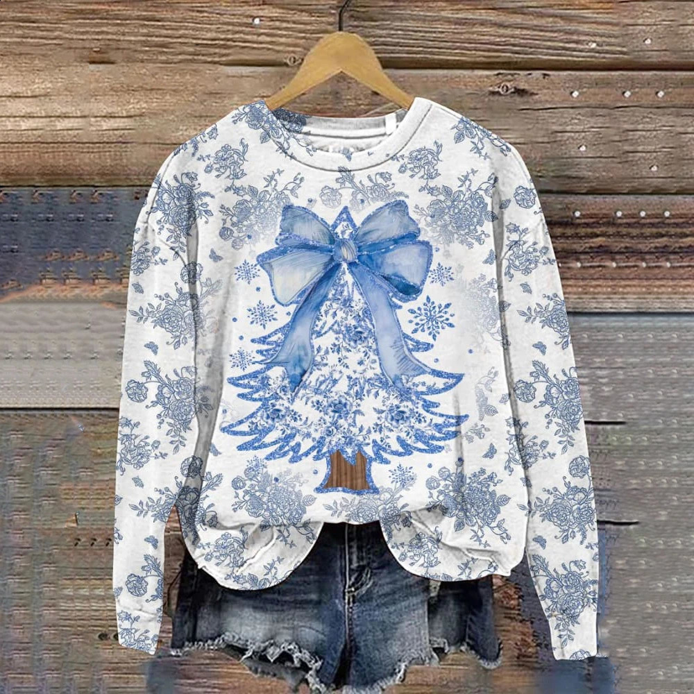 Christmas Womens Hoodie Round Neck Long Sleeved Sweatshirts Tree Printed Clothing Fashion Party Autumn Winter 241017