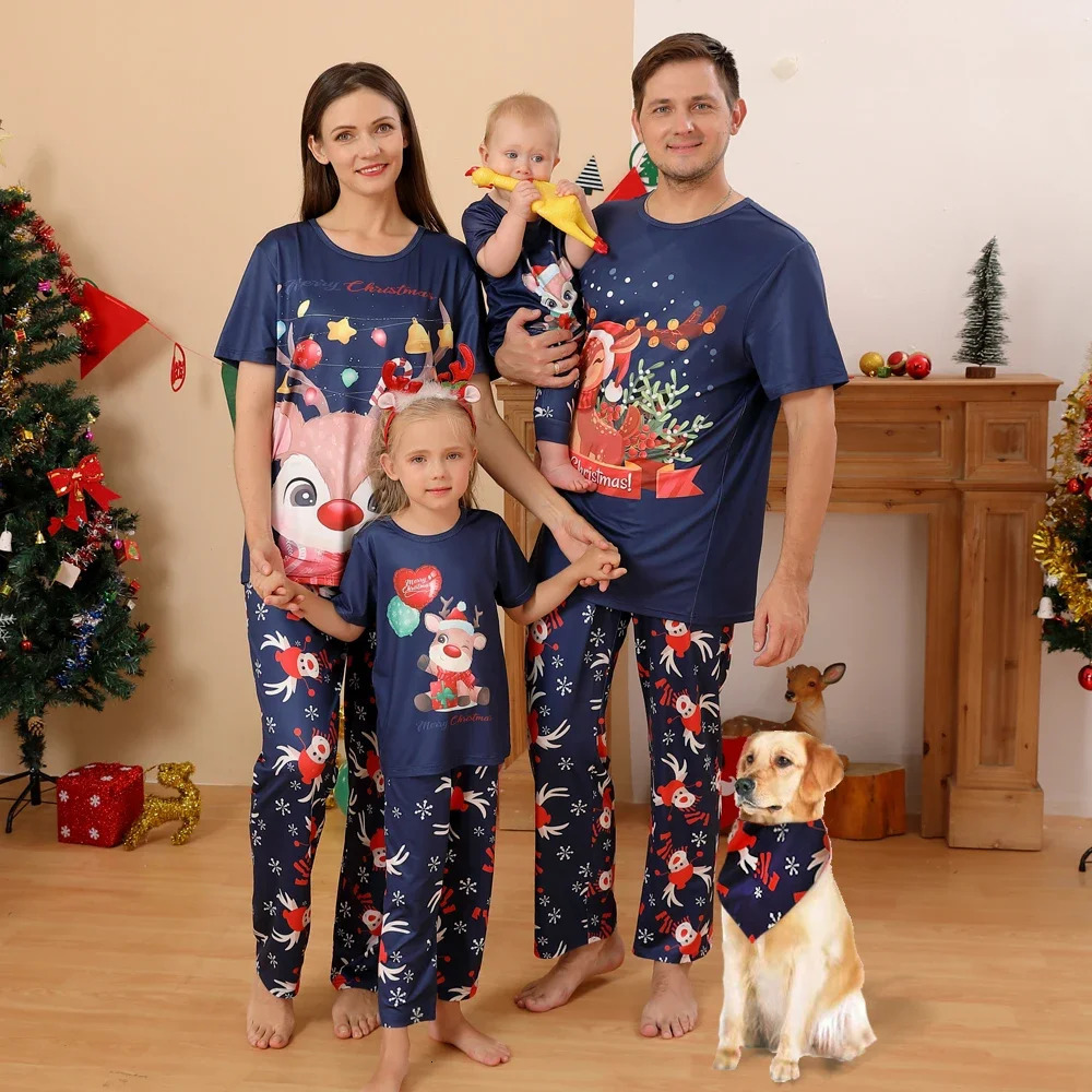 Mom Daughter Dad Son Dog Matching Outfits Family Christmas Pajamas Set Short Sleeve TopTrousers Sleepwear Cute Soft Pyjamas 241017