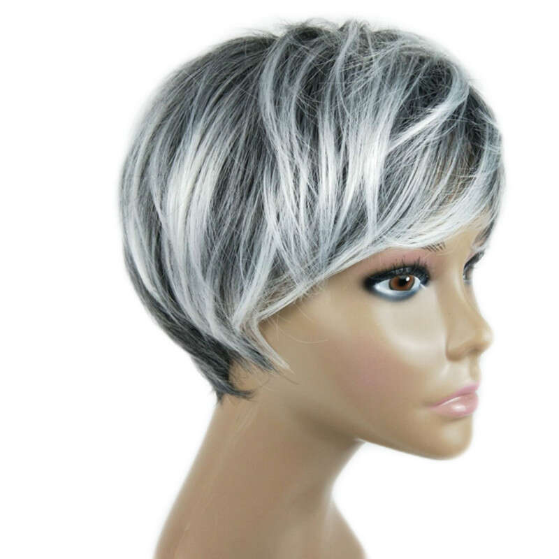 New Wig Women, Fashionable Straight Hair, Black And White Dyed Mixed Color Synthetic Short Hair Cover For Women