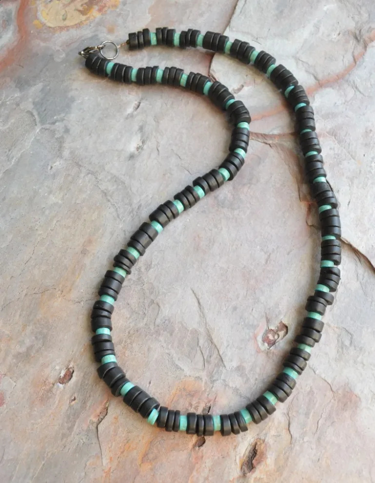 Mens necklace featuring natural coconut pearls white natural shell sea stone pearls and black wood pearls. Surfer necklace 241017