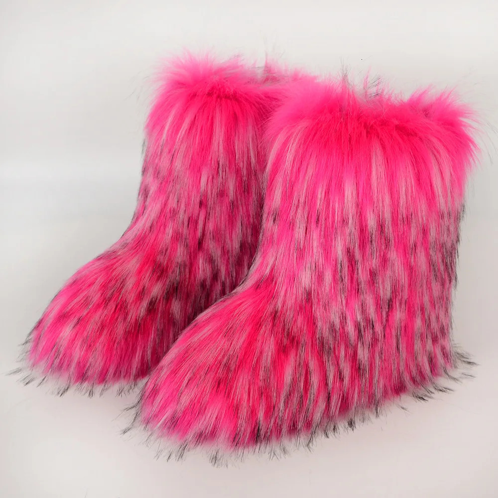 Faux Women Warm Fluffy Snow Boots Footwear Female Furry Fox Fur Bottes Fashion Winter Shoes 241016
