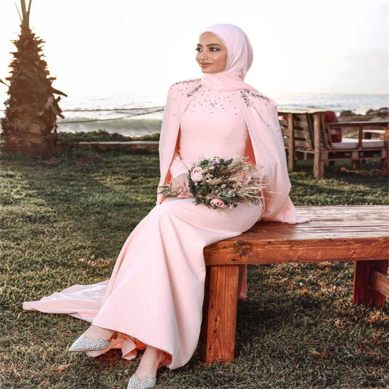 Islamic Muslim Pink Wedding Dresses With Cape 2025 Elegant Beaded Pagan Country Bridal Dress Long Sleeve Dubai Arabic Bride Gown Robe De Mariee Custom