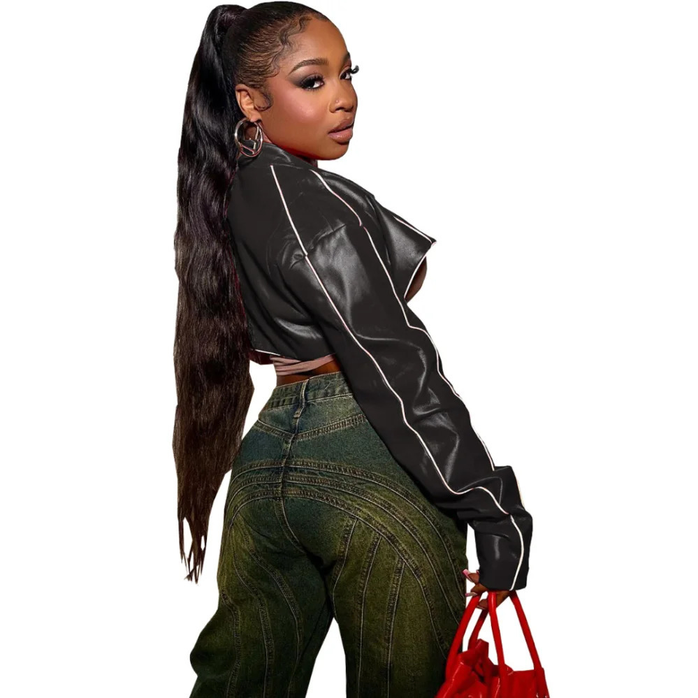 Red jacket womens Pu leather long sleeved crop top with zipper Pu leather jacket womens patented leather cutting jacket short jacket 241017