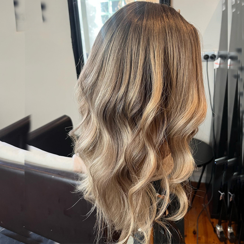 180Density Glueless Preplucked Human Hair Ombre Medium Brown Honey Blonde Highlights 360 Frontal Wigs Wavy Full Lace Front Wig