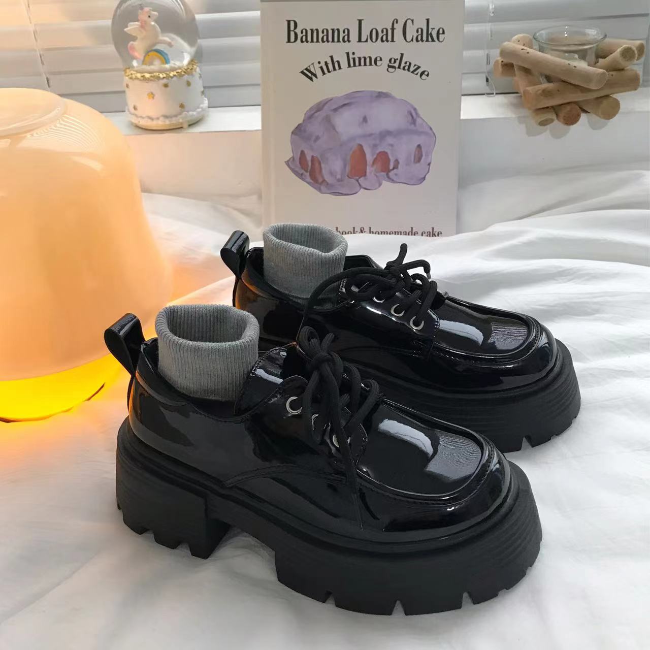 Women Fashion Thick Sole Casual Style Lace Up Leather Loafers Shoes Triple Black Free shipping