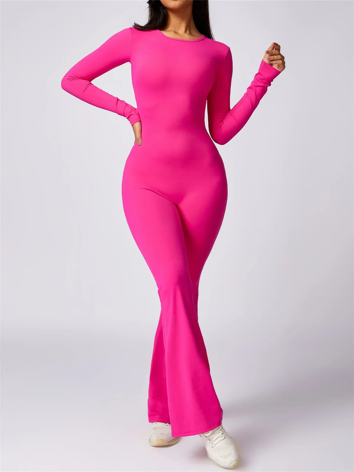 Sexy one-piece Flare yoga jumpsuit womens dance fitness long sleeved hollow backless workout gym Scrunch jumpsuit 241016