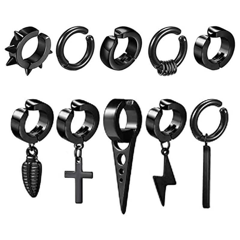 WKOUD 1/10 piece/1 set clip on ring earrings mens stainless steel fake perforated pendant earrings cross feather ear clip W241017