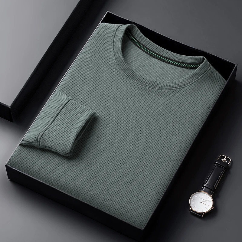 Mens Casual Waffle Round Neck T-shirt Breathable Comfortable and Fashionable Long Sleeved T-shirt 241017