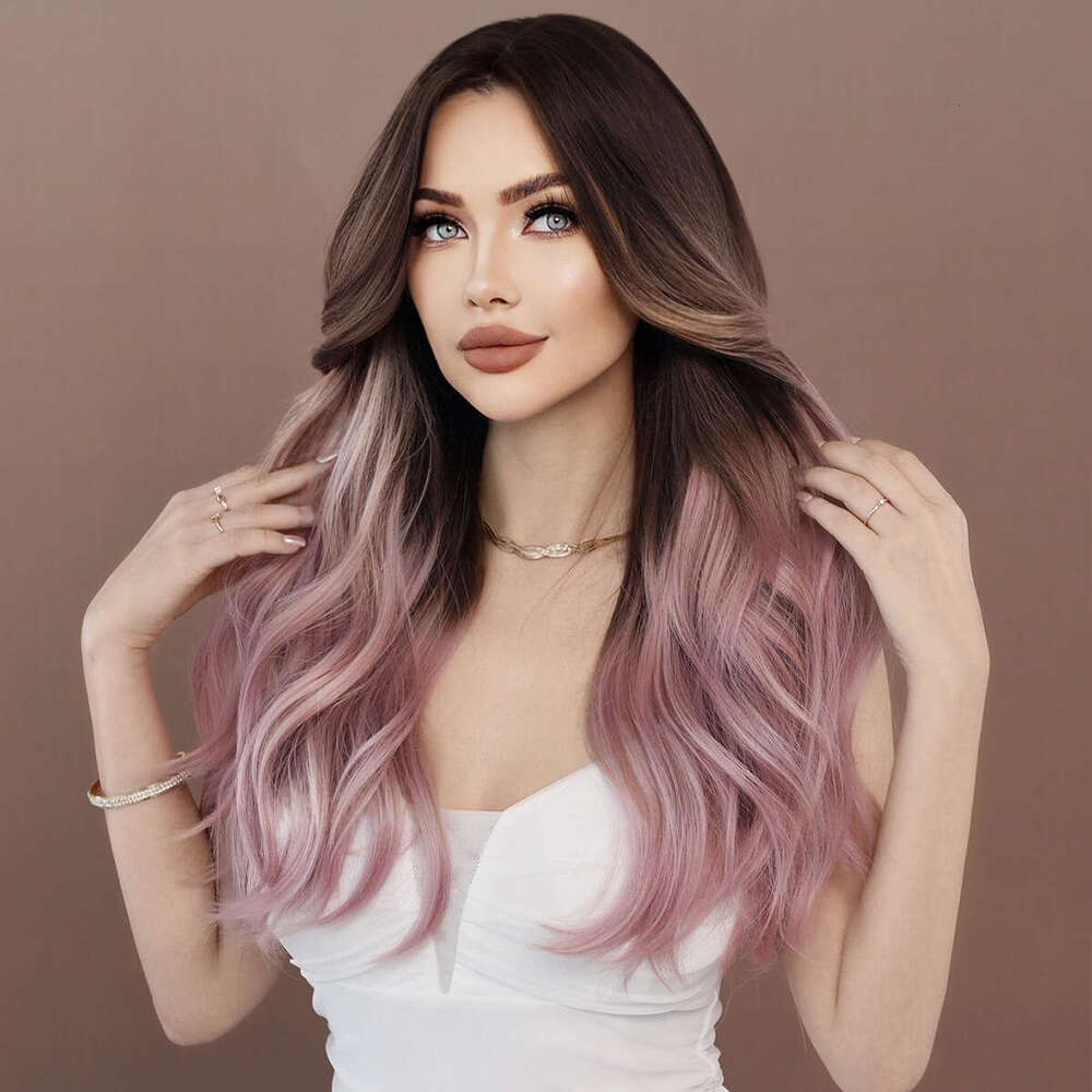 Female Pink Gradient Purple Long Curly Hair, Mid Split Korean Style Big Wave Wig Pink Wigs