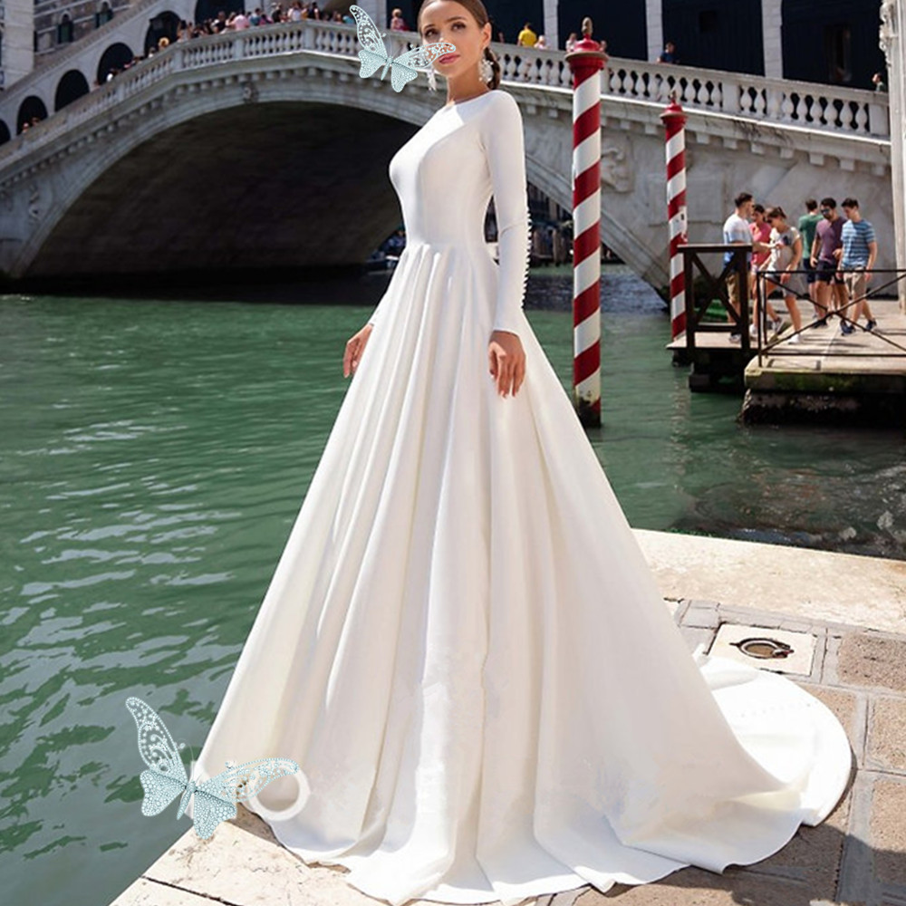 White Long Sleeves Satin Wedding Dresses Custom Made Woman Elegant Muslim Bridal Gowns Vestidos De Novia A-Line Boho Robe Mariee