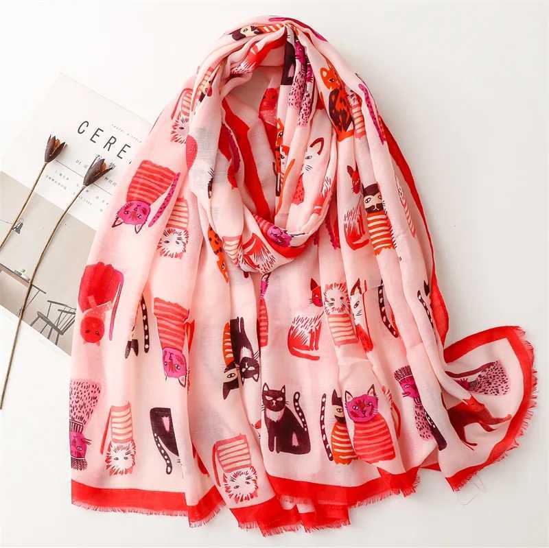 2023 Autumn Cute Cartoon Cat Pattern Adhesive Shawl Womens High Quality Soft Packaging Pashmina Stole Bufandas Muslim Headscarf 180 * 90cm X241017