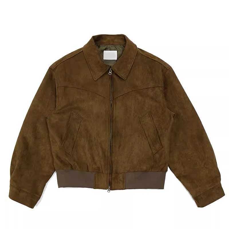 Mens elegant solid dark Brown coat spring high end American vintage Cargo jacket suedeXJ241017