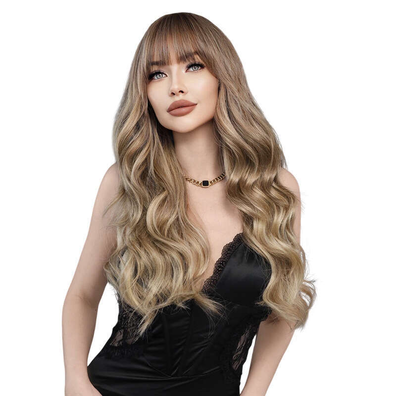 Female Wig With Air Bangs, Long Curly Hair, Hazelnut Beige Wig, Full Head Cover, Brown Wavy Wig