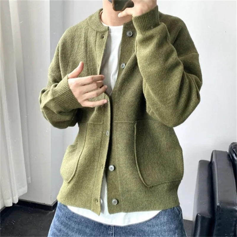 Y2K Spring Autumn Casual Sweater Jacket 2024 Round Collar Mens Clothing Fashion Solid Colour Top Loose Knitwear Coat Hombre 241017
