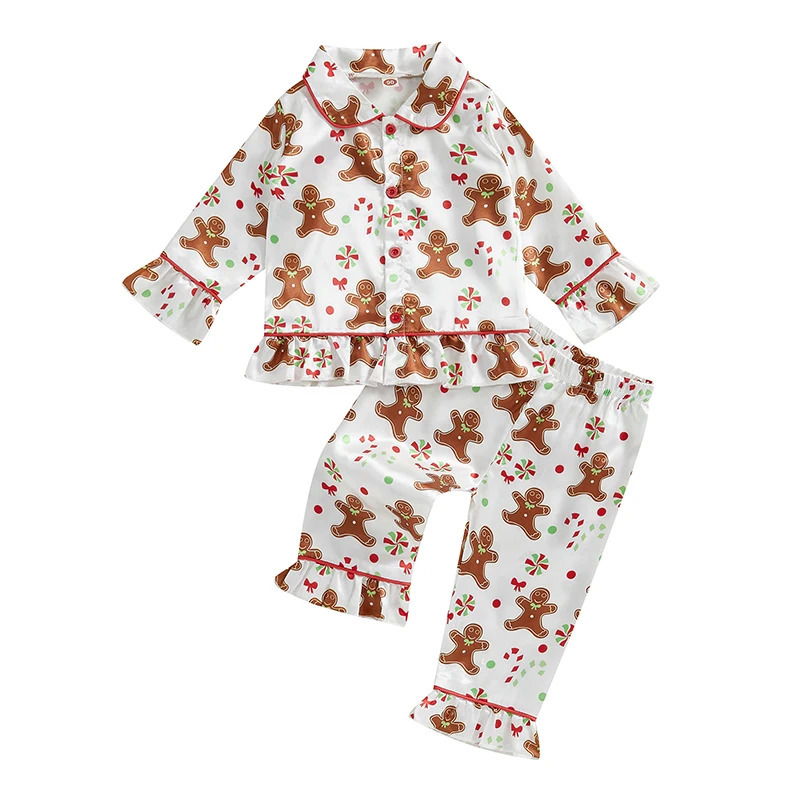 Baby Girl 2Pcs Christmas Pajamas Long Sleeve Gingerbread Print Shirt Pants Set Toddler Sleepwear 241017