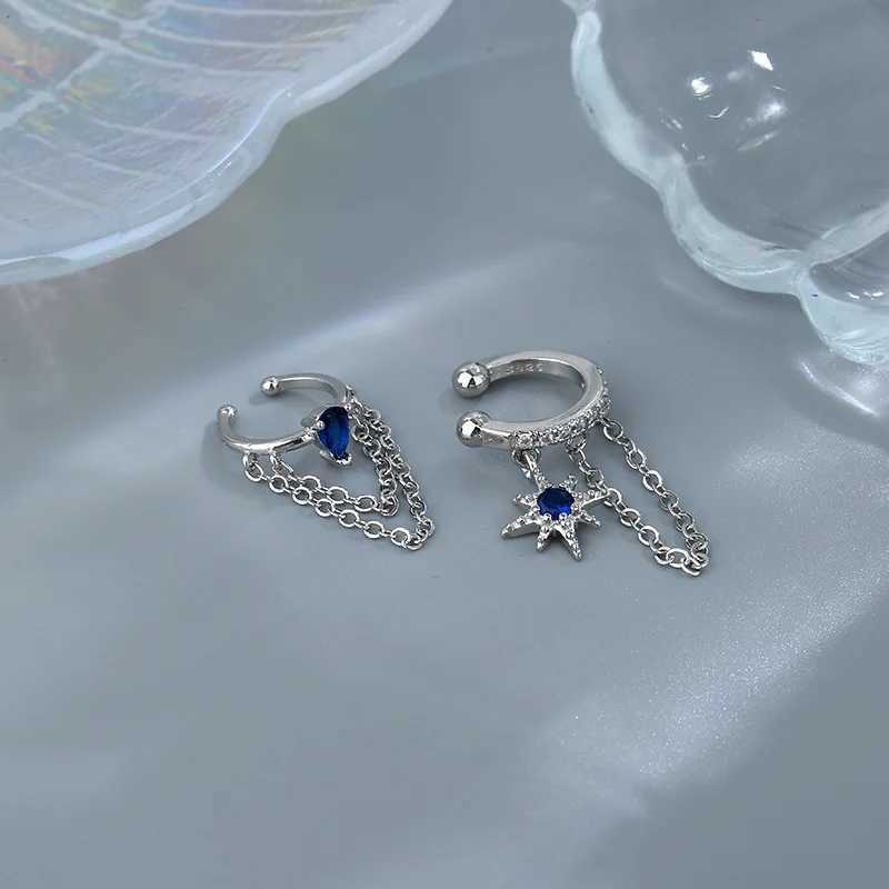 Winoneday 1 piece asymmetrical double chain womens earrings blue water droplet star CZ earrings cuffs fake earrings fashion jewelry W241017