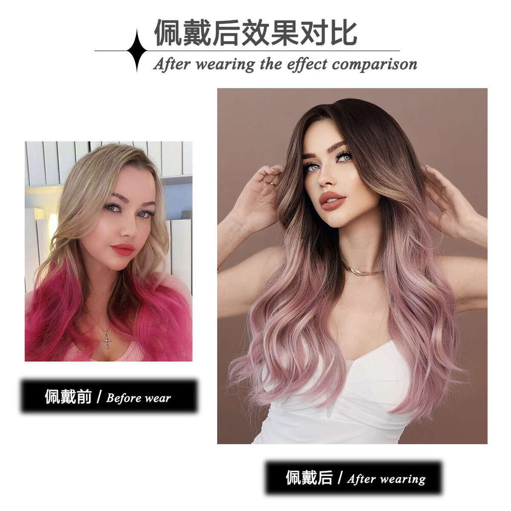 Female Pink Gradient Purple Long Curly Hair, Mid Split Korean Style Big Wave Wig Pink Wigs
