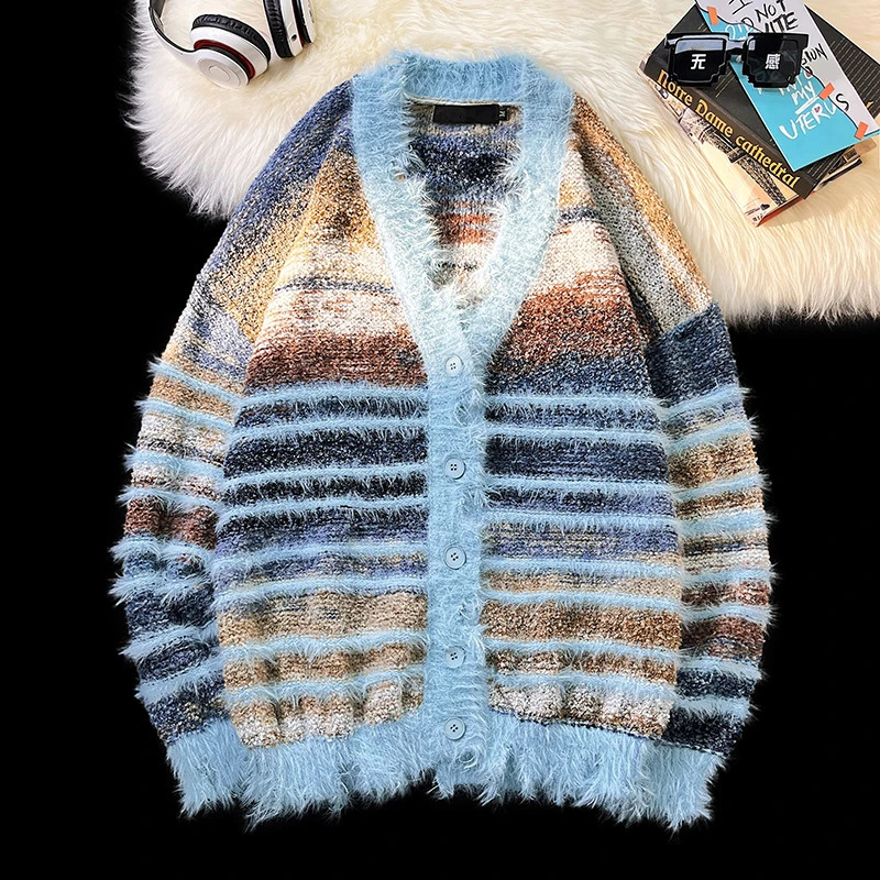 2024 Men Autumn Winter Striped Knitted Jackets Male Oversize Long Sleeve Cardigans Mens Vneck Casual Sweater Coats S414 241017
