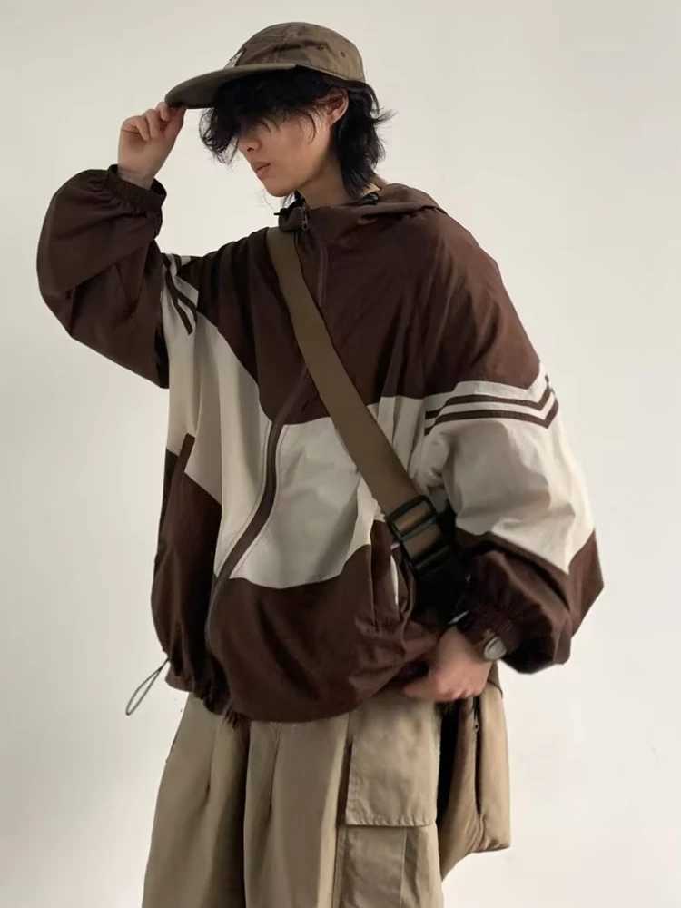 Mens jacket hoodie pocket patch color scheme is fashionable comfortable waterproof casual retro Japanese style fashionable M241017