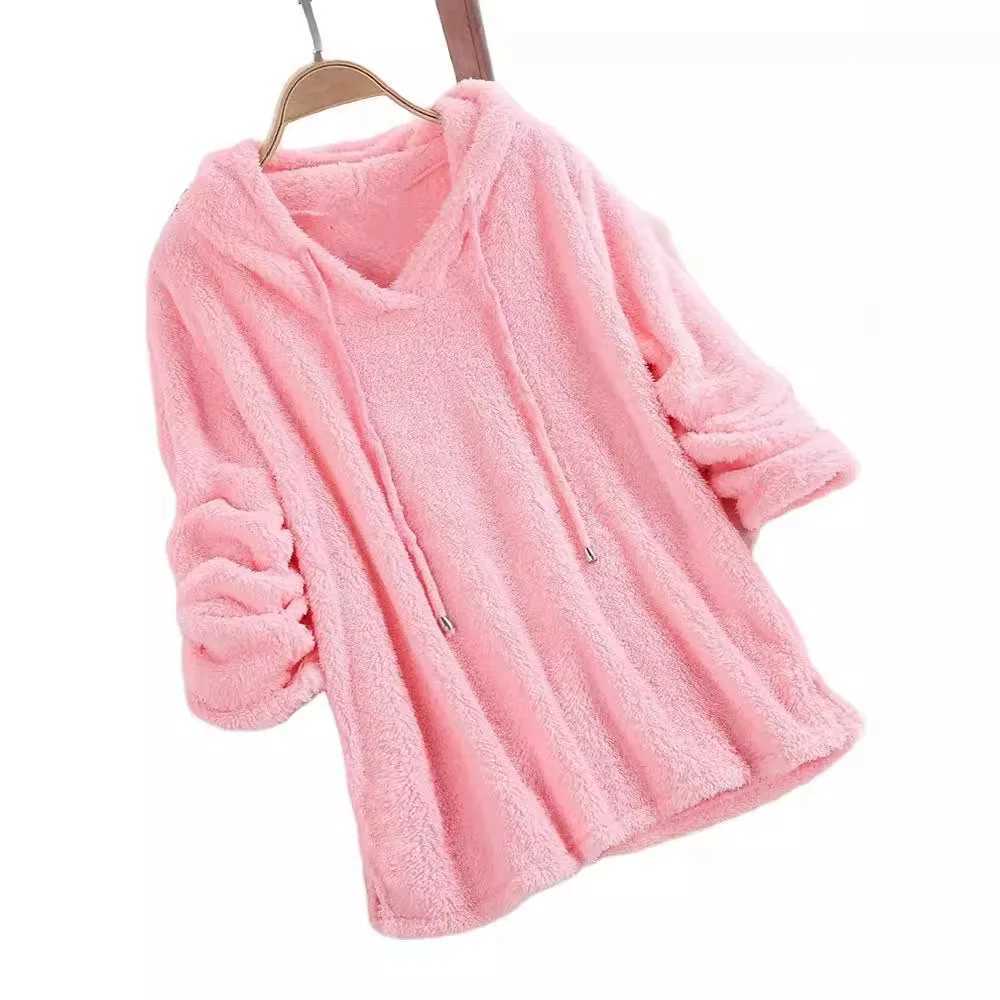 Women Fleece Sweatshirts Casual Female Tie Collar Long Sleeve Pullover Loose Velvet Hoodie Coats Homewear NMD-9301X241016