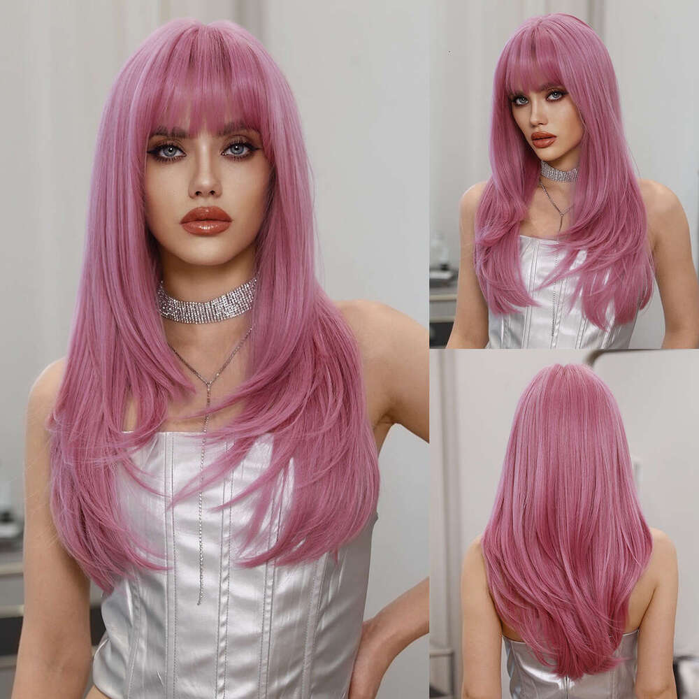 Pink Long Straight Layered Women's Fashionable Wig, Thin Rattan Powder Purple Synthetic Full Head Cover
