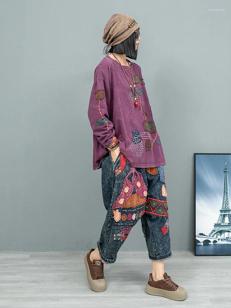 Womens Two Piece Pants Hand Embroidered Cloth Long Sleeve T-shirt Denim Harem Pant Set Women 2024 Autumn Loose Outfit LX2255