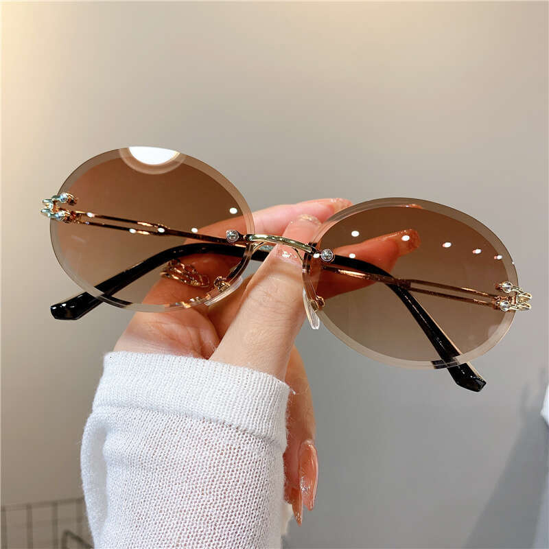 For Trendy Woman Sunglasses Summer Rimless Cut-edge Sunglass Oval Fashion Brand Designer Shades Pink Women's Sun Glasses UV400