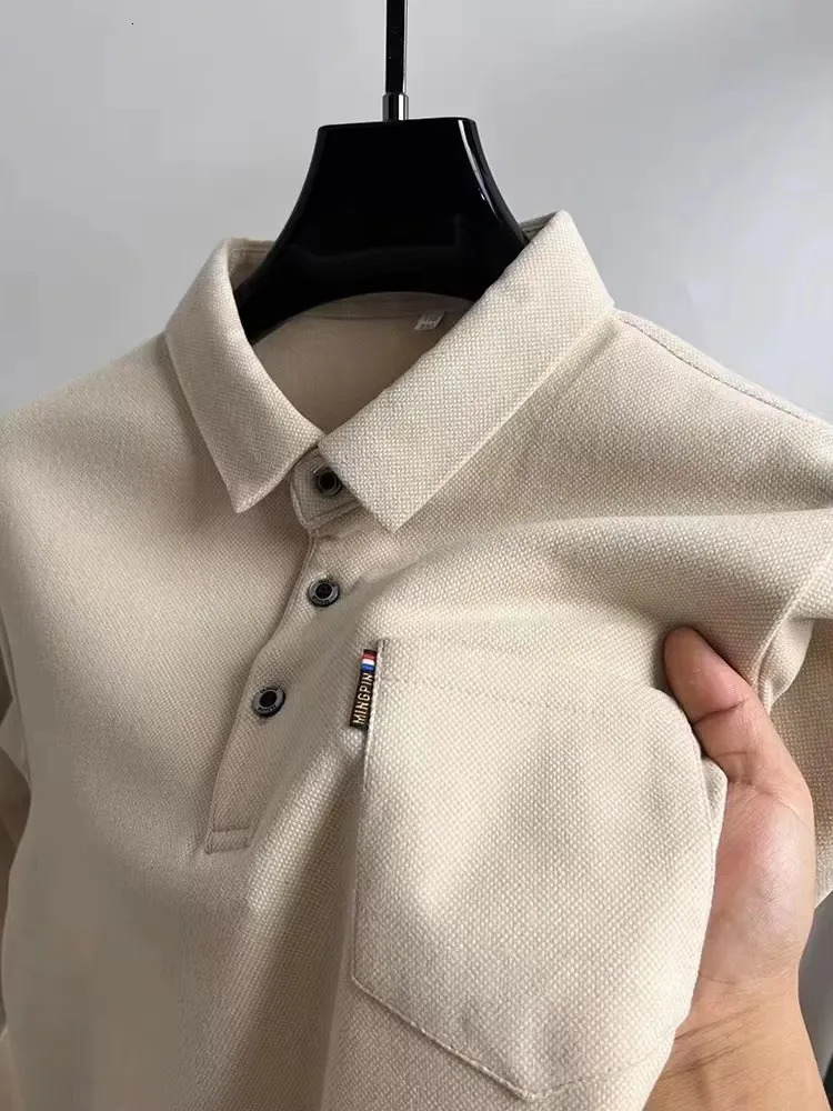 Light high-end brushed long sleeve T-shirt mens autumn fashion pocket thickened shirt collar polo shirt 241017