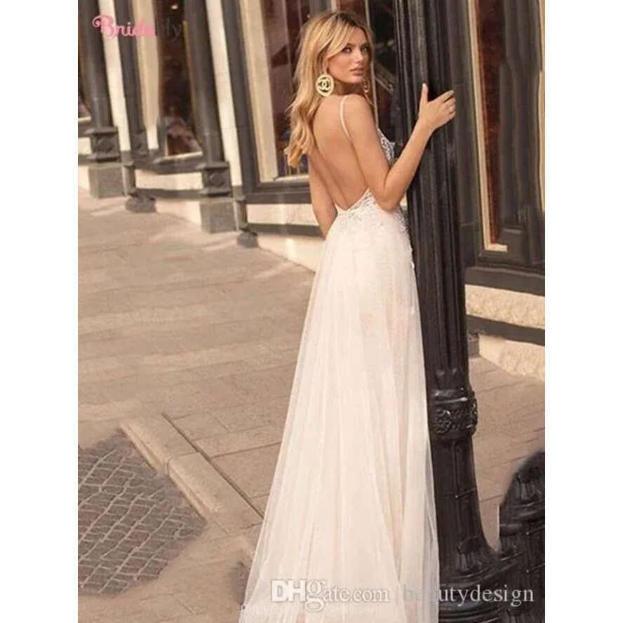 Sexy Lace 2020 Bohemian Backless Beach Wedding Dresses Deep V Neck Appliques Bridal Gown Long Tulle Vestido De Novia Cheap Bm1609 estido