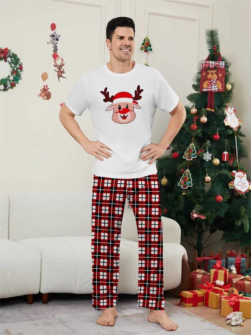 Short sleeved Christmas family matching set reindeer father mother childrens pajamas set checkered dad mom and me Christmas costume 2024 W241015
