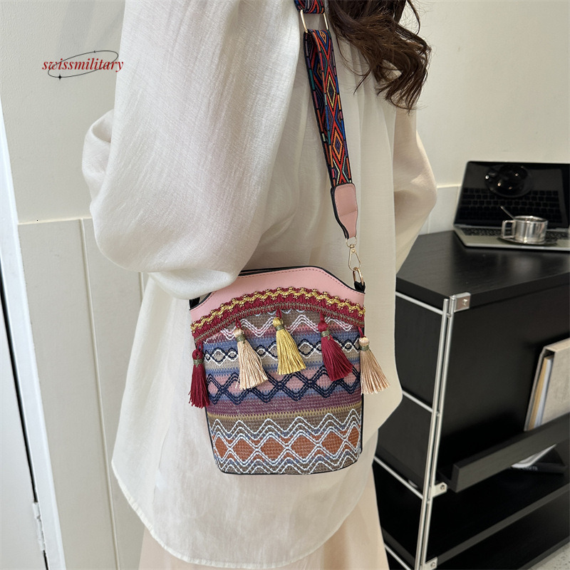 2024 New Ethnic Style Women's Fashion Versatile Crossbody Bucket Bohemian Embroidery Tassel Hanfu Bag #13 swissmilitary