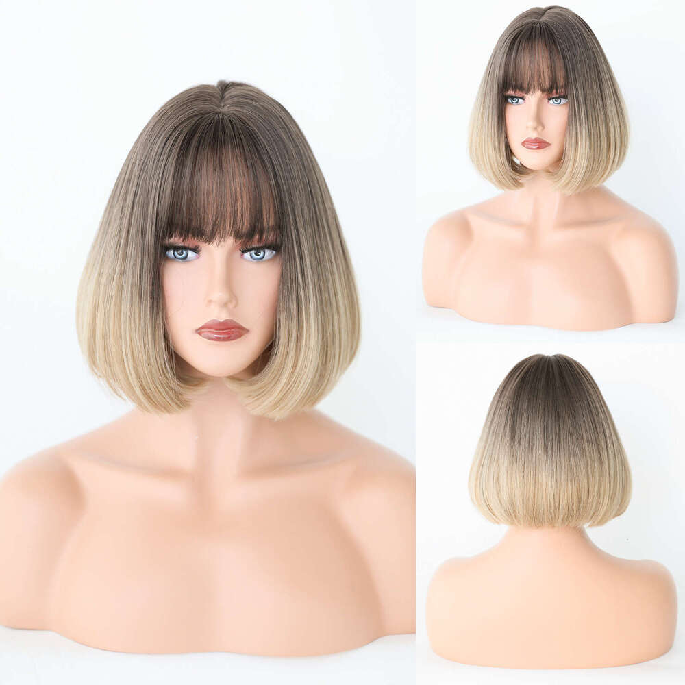 Wig For Women Short Straight Hair, BOB Head, Gradient Inward Button Wig, Headband With Bangs, Bob Head