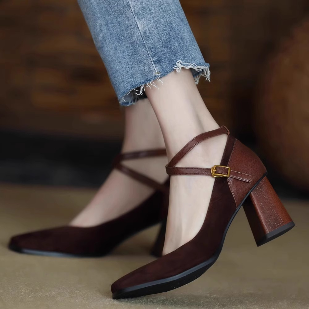 High Heel Sandals: Crossover Strap Chunky Heels, Height Boosting, Black & Brown 0121